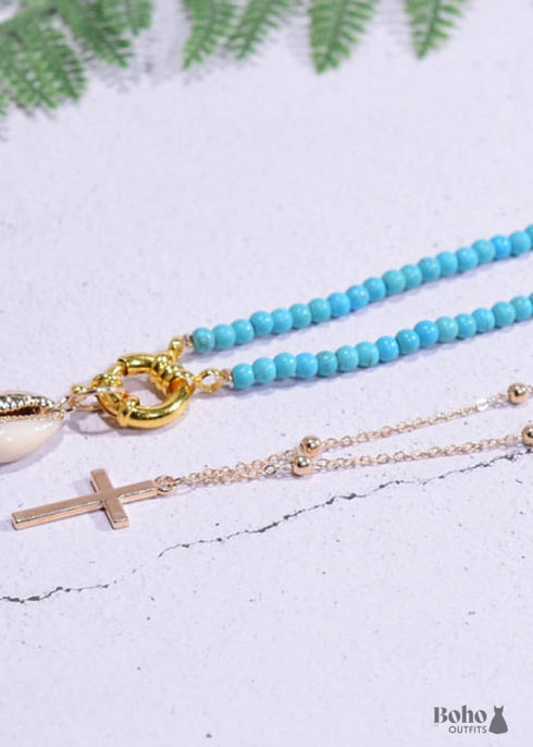 Boho Necklace, Seed Bead Choker, 2 Layers Cross & Shell